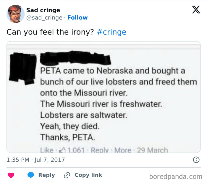 A screenshot of a cringy social media post about PETA freeing saltwater lobsters into a freshwater river, leading to their sad d***h.