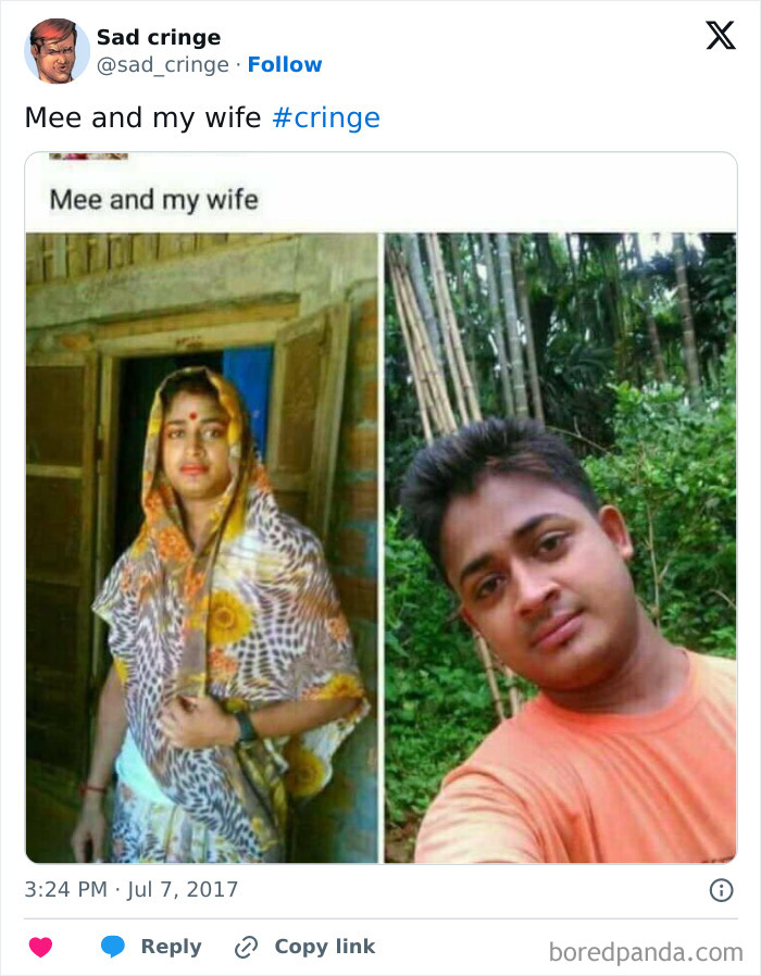 A split image of two cringy people, labeled as mee and my wife, in different outdoor settings.