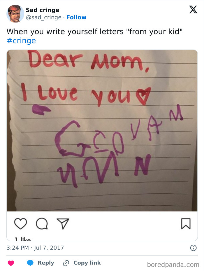 A close-up of a cringy handwritten letter on lined paper from a child to mom saying I love you, with an illegible message.