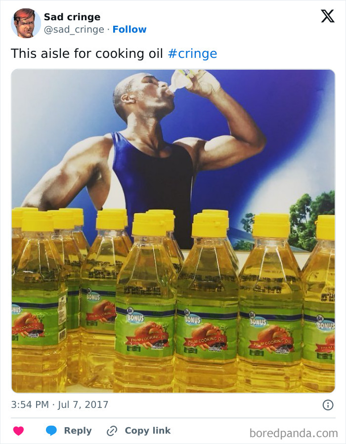 A cringy photo of a muscular man drinking from a bottle of cooking oil, with several other bottles in the foreground.