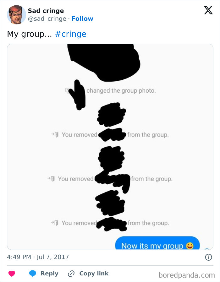 A cringy screenshot showing multiple removals from a social media group, culminating in a message saying Now its my group.
