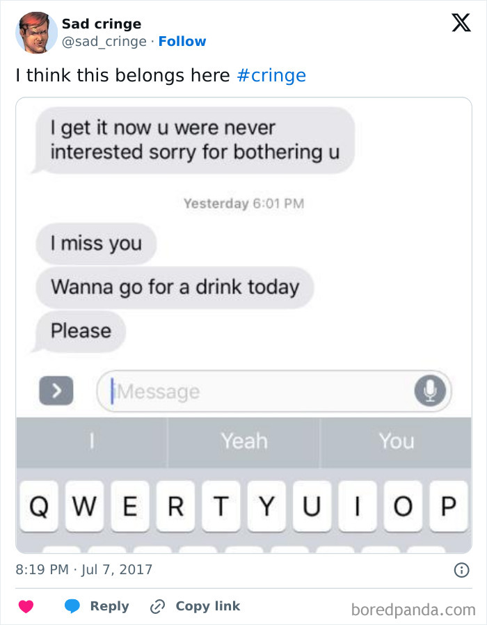 A sad cringe text message exchange showing repeated unanswered messages from an ignored person.