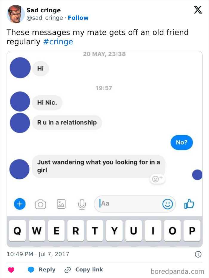 A cringy text message conversation where someone asks personal questions about a relationship.