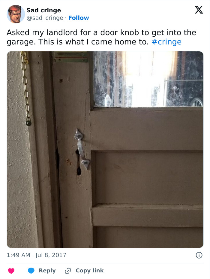 A cringy image of a garage door with a makeshift door handle, highlighting a sad situation.