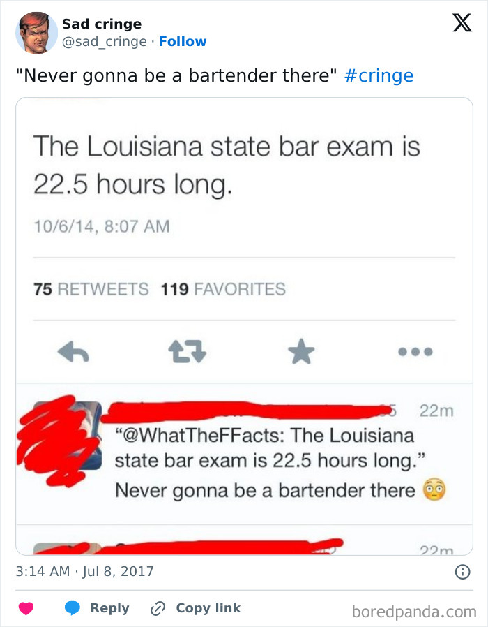 A cringy social media post about the 22.5-hour Louisiana state bar exam, jokingly saying Never gonna be a bartender there.