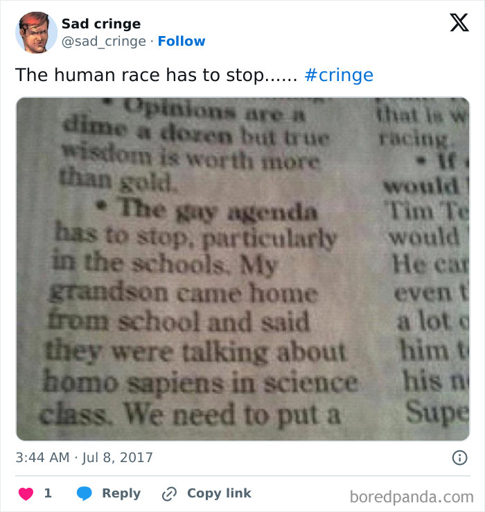 A newspaper clipping with text about the gay agenda and human race, shared on Twitter as something cringy and sad.