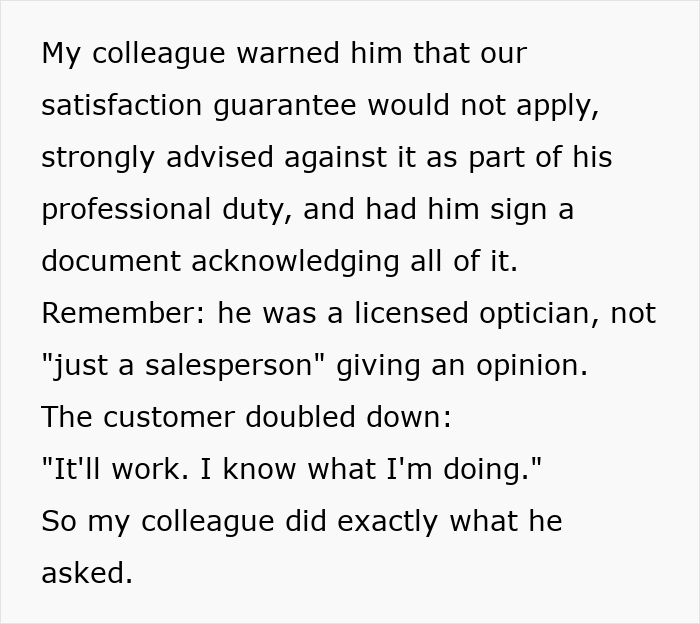 Licensed optician warns customer against lens choice with signed acknowledgment