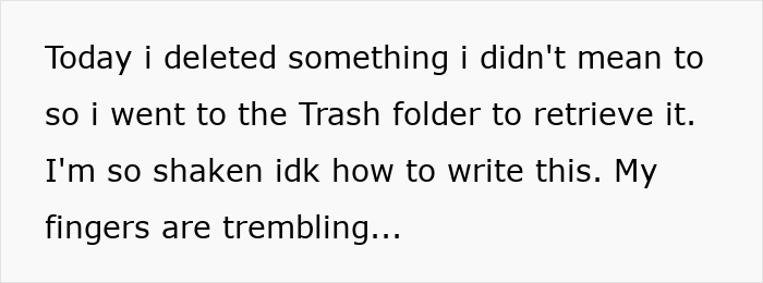 Text post describing accidental deletion and retrieval from trash folder
