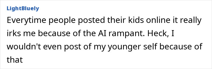 A screenshot of a comment from LightBluely about fake photos and the dangers of AI. A screenshot of a comment from LightBluely about fake photos and the dangers of AI.