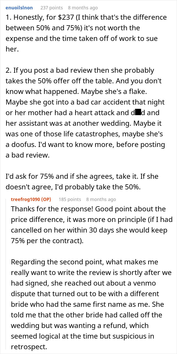 Discussion on costs and considerations before suing wedding coordinator for refund