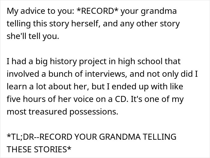 Advice to record grandmother's stories for history projects Advice to record grandmother's stories for history projects