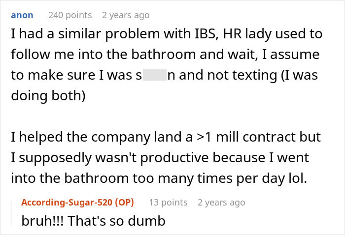 Reddit comments detailing a HR lady following a coworker to the bathroom for IBS, illustrating ableist Karen behavior.