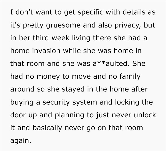 Text describing home invasion and a*****t incident related to locked spare bedroom Text describing home invasion and a*****t incident related to locked spare bedroom