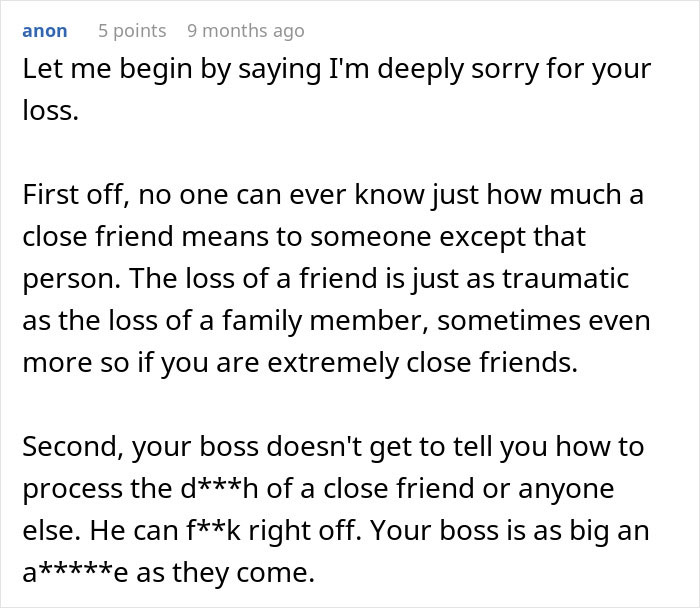 Sympathetic comment condemning boss for grief insensitivity Sympathetic comment condemning boss for grief insensitivity