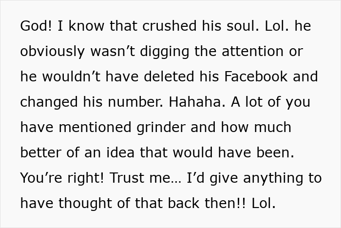 Text snippet about an ex trying to embarrass woman, ending up as the joke, and deleting Facebook and changing his number.