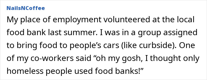 A screenshot of a Reddit comment by NailsNCoffee about ignorant middle-class thoughts on food banks.