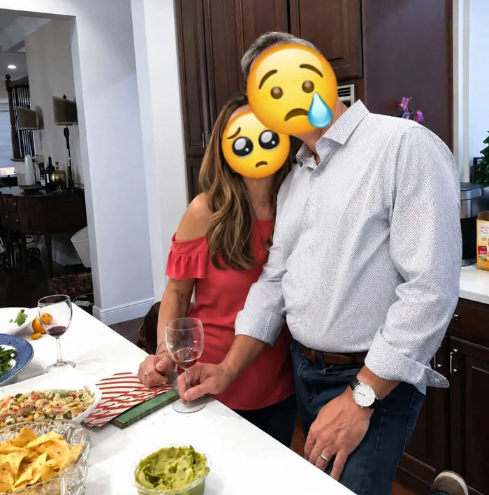 Couple at kitchen counter with sad emoji faces sharing a moment