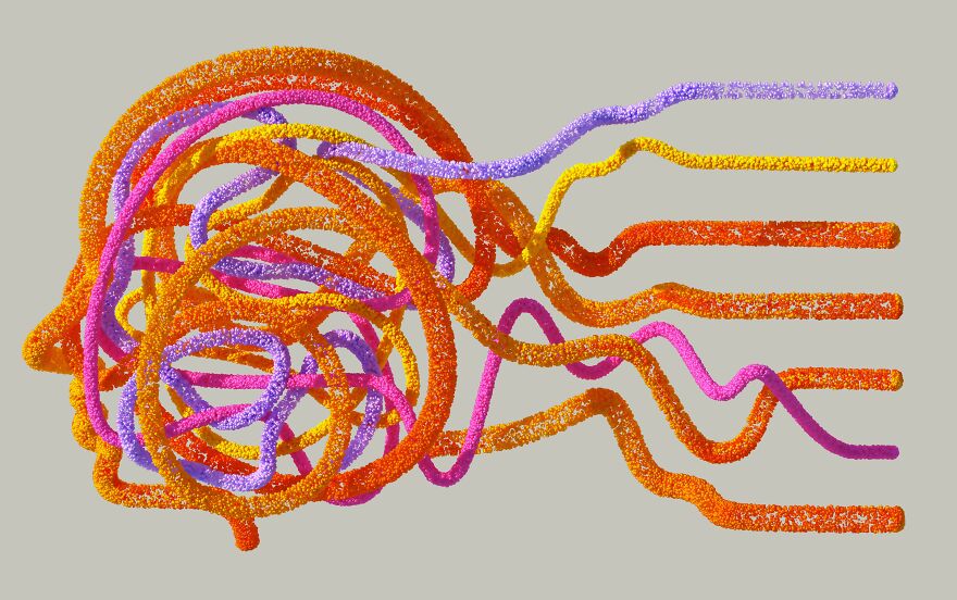 Abstract tangled colorful lines forming human head shape representing complex relationships