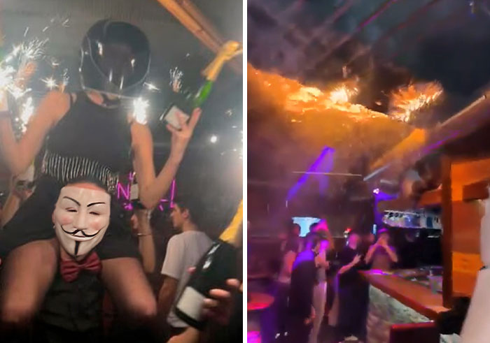 People celebrating at a party before and during a fire, showing rookie mistakes leading to tragedies.