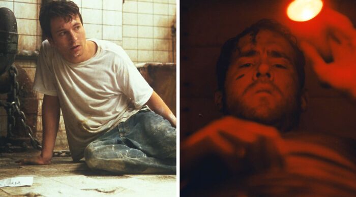 A split image for the Popular Fiction And Movies Would You Rather Poll, with Jigsaw's victims in two scenes.