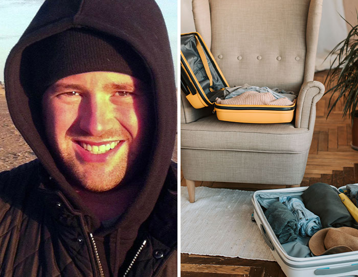 A man in a hooded jacket and two open suitcases, symbolizing bizarre accidents.