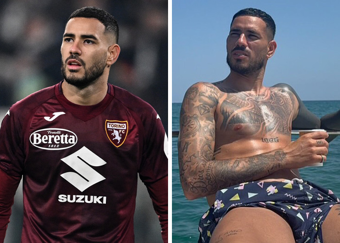 A split image of a World Cup heartthrob, one side in a soccer uniform, the other shirtless on a boat.