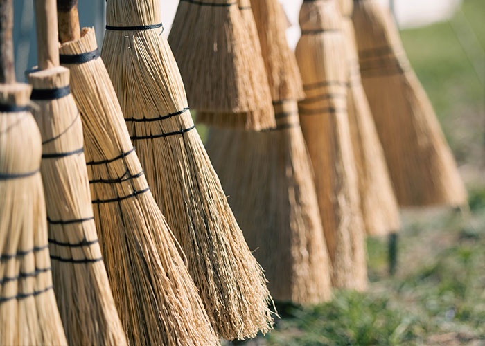 A row of brooms with straw bristles and black bands, leaning against a surface, ready to solve serious problems.