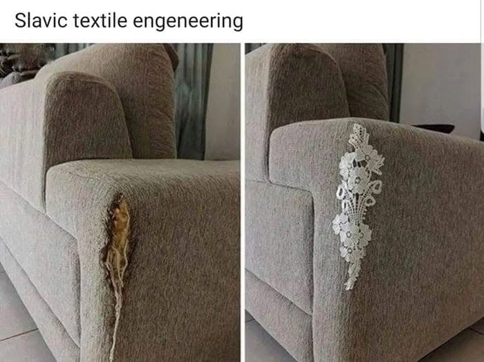 Before and after images of a couch armrest, showing a tear mended with lace, a testament to Slavic Science.