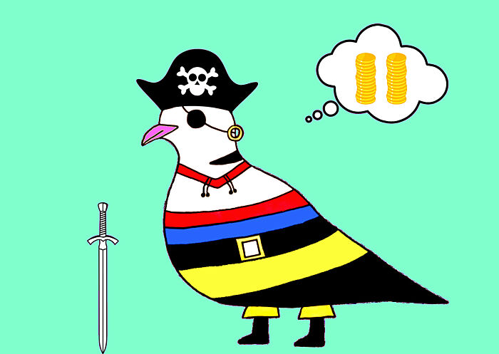 An adorable dove character dressed as a pirate, with an eye patch, pirate hat, and sword, dreaming of gold coins.