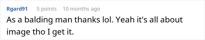 Online comment from a bald man acknowledging the importance of image related to hair transplant.