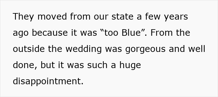 Text describing a disappointing wedding where the sister married into a racist family, reflecting on their move. Text describing a disappointing wedding where the sister married into a racist family, reflecting on their move.