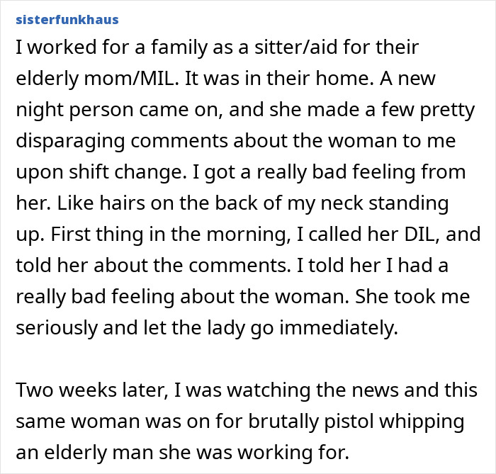 A screenshot depicting a gut-feelings story where a bad feeling about a new caretaker leads to a startling real-life discovery.