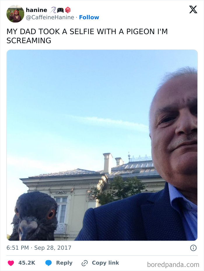 A father taking a close-up selfie with a pigeon, showing his face and the bird looking at the camera.