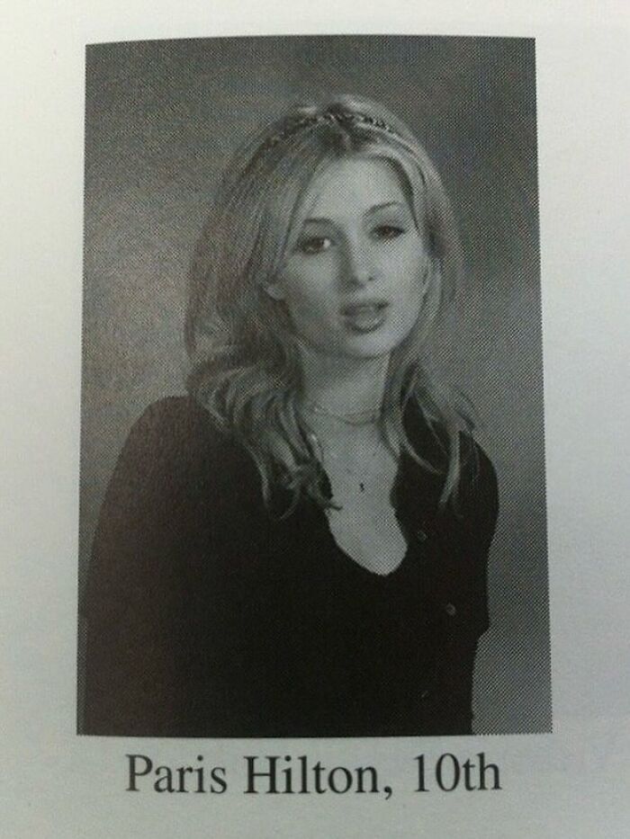 A black and white yearbook photo of a young Paris Hilton from 10th grade, part of pop culture posts.