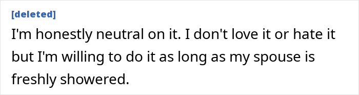 Bedroom confession: A user comment agreeing to an act if their spouse is freshly showered.