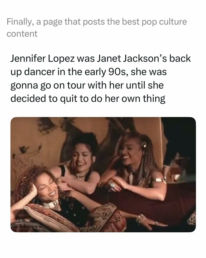 Pop culture post: Jennifer Lopez as a backup dancer for Janet Jackson in the early 90s, laughing with her.