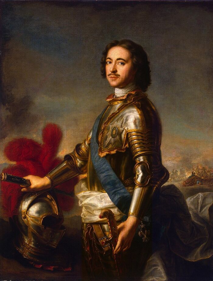 Regal painting of armored Peter the Great symbolizing brutal historical revenge