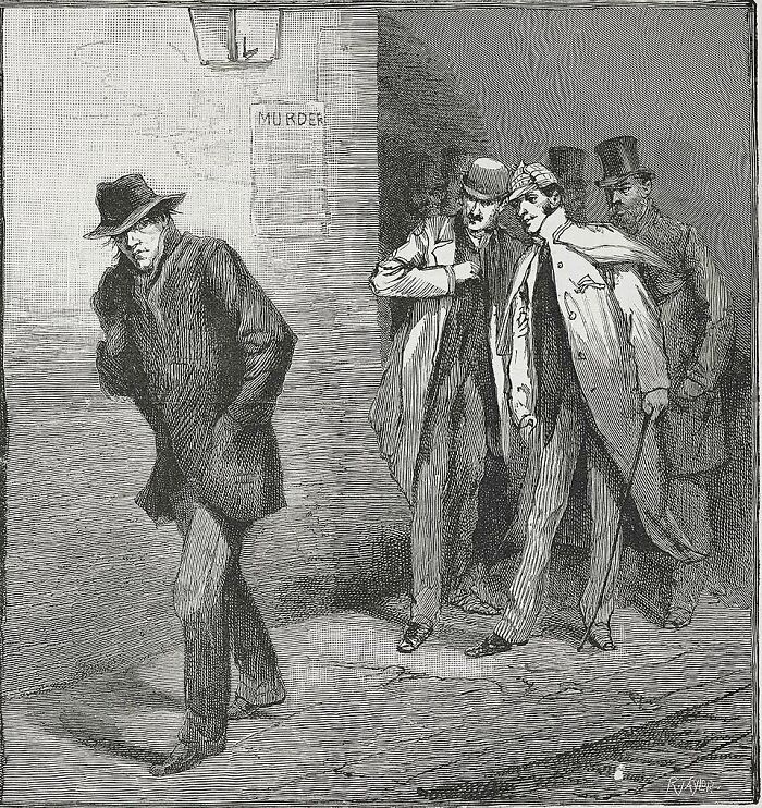 Black and white vintage illustration of men with m****r sign