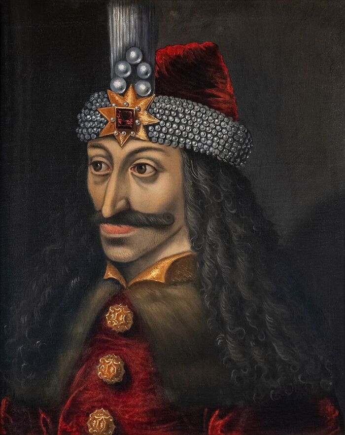 Historical portrait painting of Vlad the Impaler, a notorious serial killer