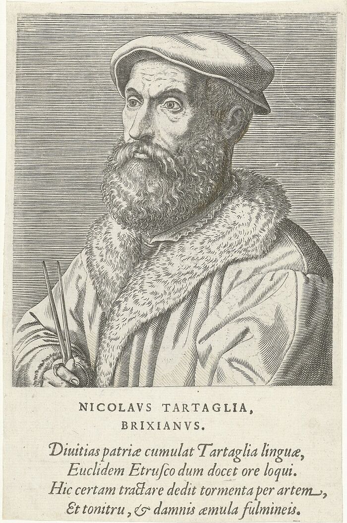 Engraving portrait of Nicolaus Tartaglia holding dividers, linked to historical acts of revenge
