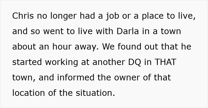 Text explaining Chris lost his job and moved, siblings informed his new employer about the cheater stepdad situation. Text explaining Chris lost his job and moved, siblings informed his new employer about the cheater stepdad situation.