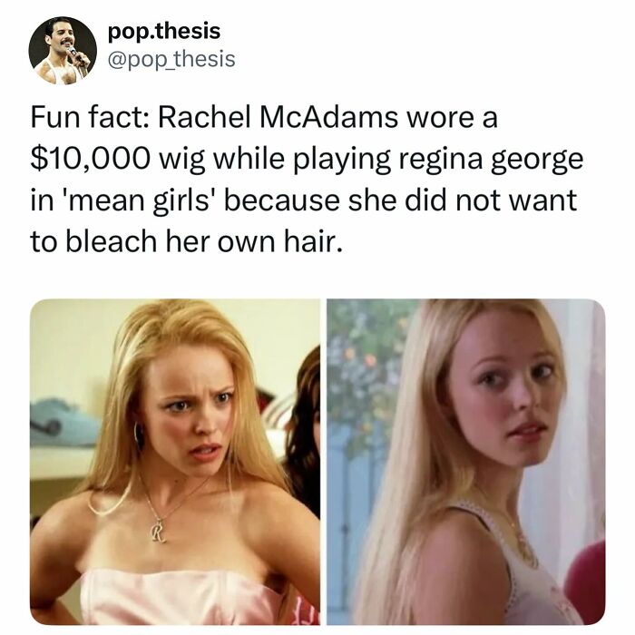 Pop culture post: A fun fact about Rachel McAdams' wig in Mean Girls with two images of her as Regina George.