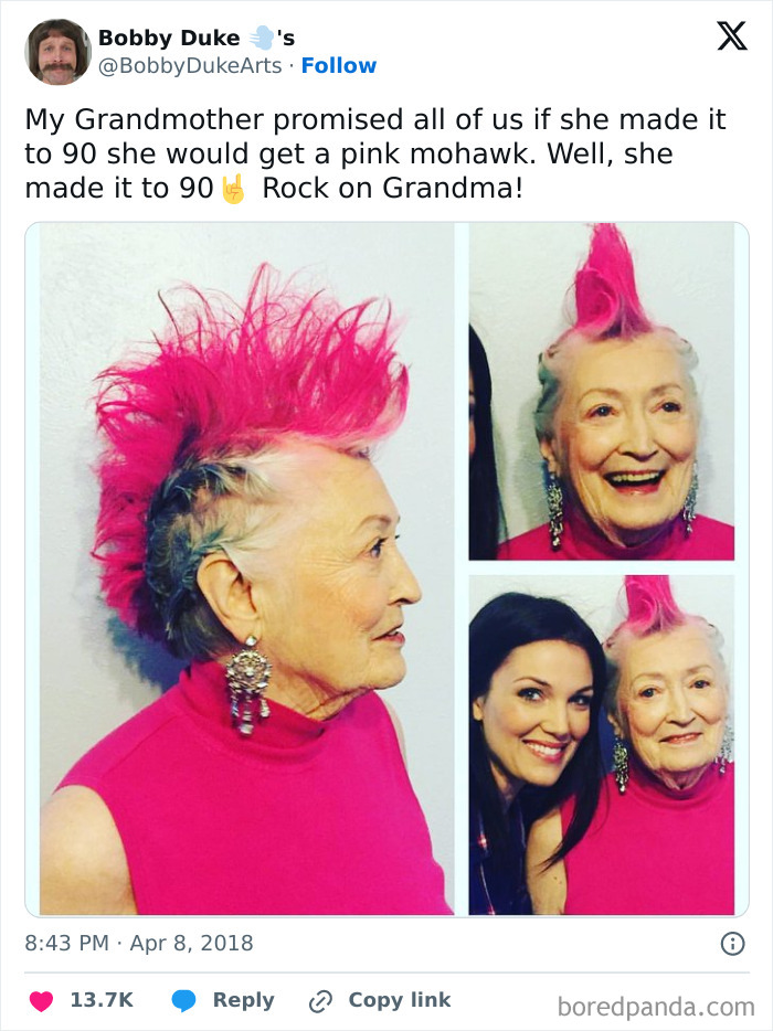 An elderly woman with a vibrant pink mohawk, a soul-healing and inspiring transformation.