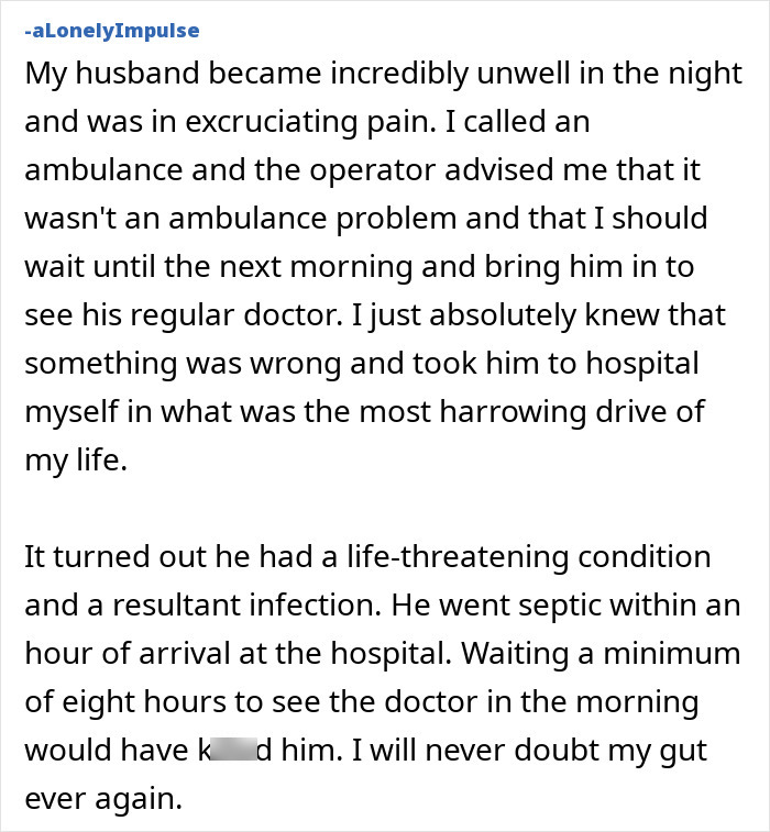 A woman relies on her gut feeling and takes her husband to the hospital, saving his life.
