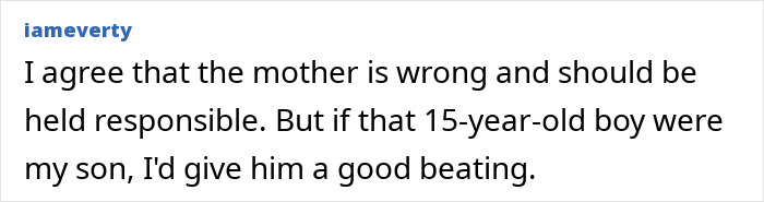 Screenshot of a user comment about the mother of the baby crawling out at night and a 15-year-old boy.