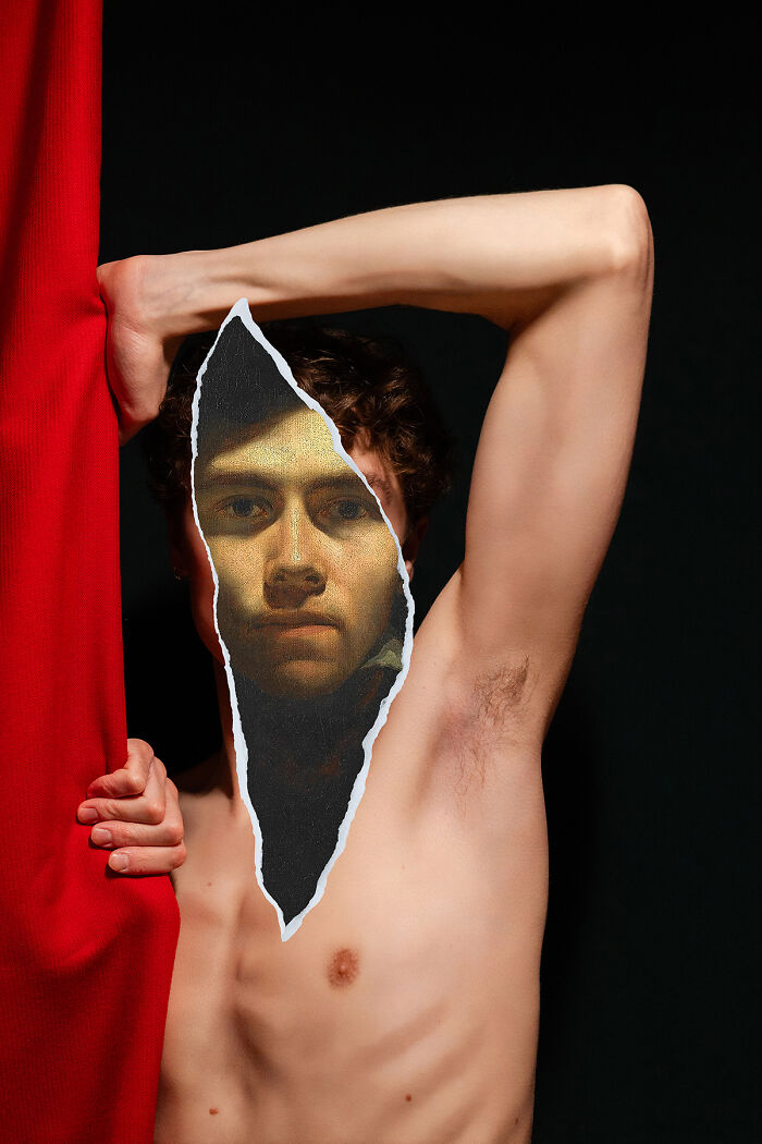 Artistic portrait of shirtless man with torn painting face symbolizing raw human spirit