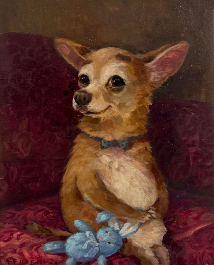 Cute small dog painting with a blue collar and toy bunny