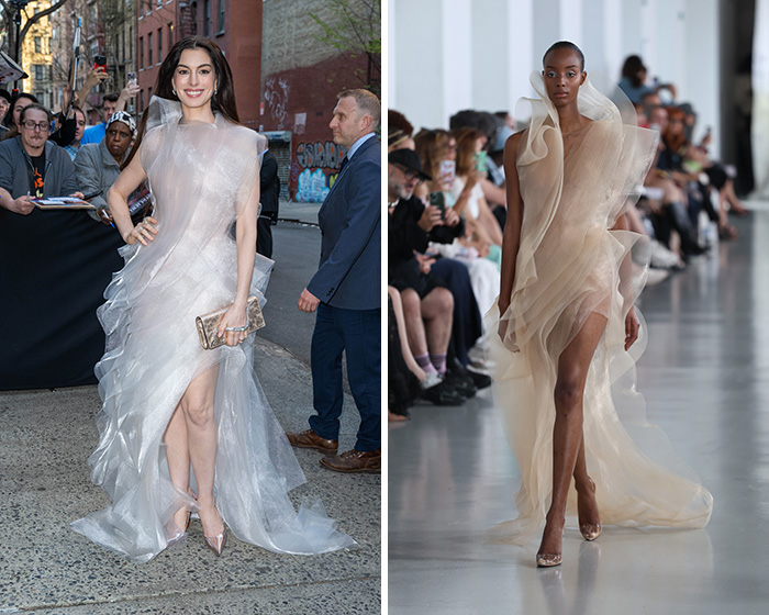 Anne Hathaway wears a beautiful sheer runway outfit, showcasing how stars wear runway outfits.