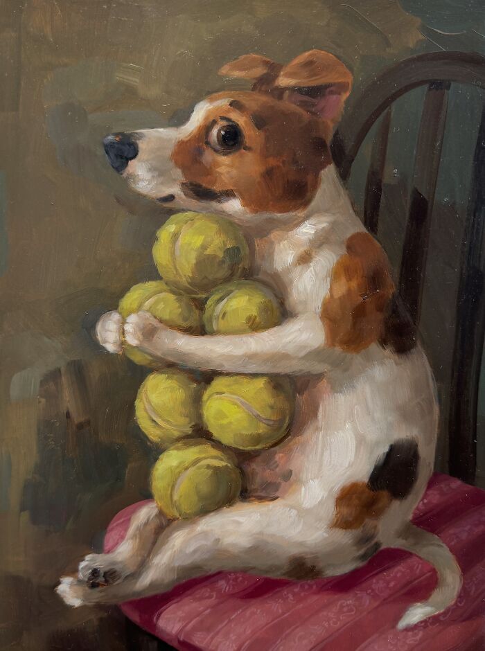 Funny dog painting hugging a stack of tennis balls on a pink chair