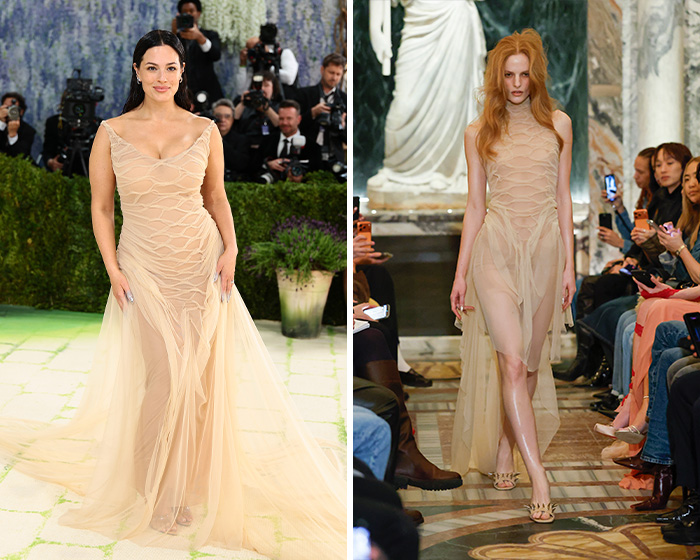 Ashley Graham in a stunning sheer n**e gown, a star wearing a runway outfit.